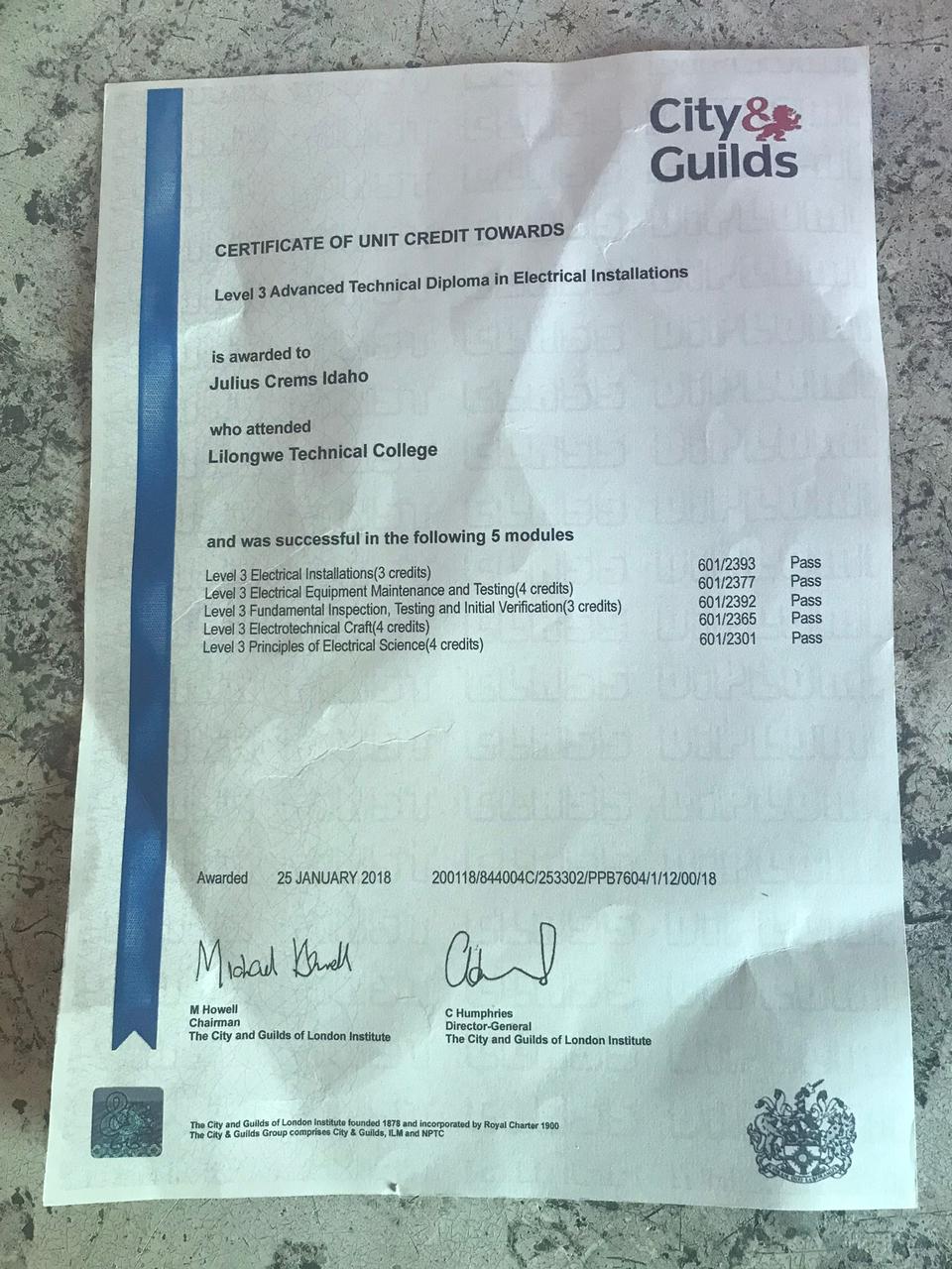 City & Guilds Level 3 Advanced Technical Diploma in Electrical Installations, awarded 2018
