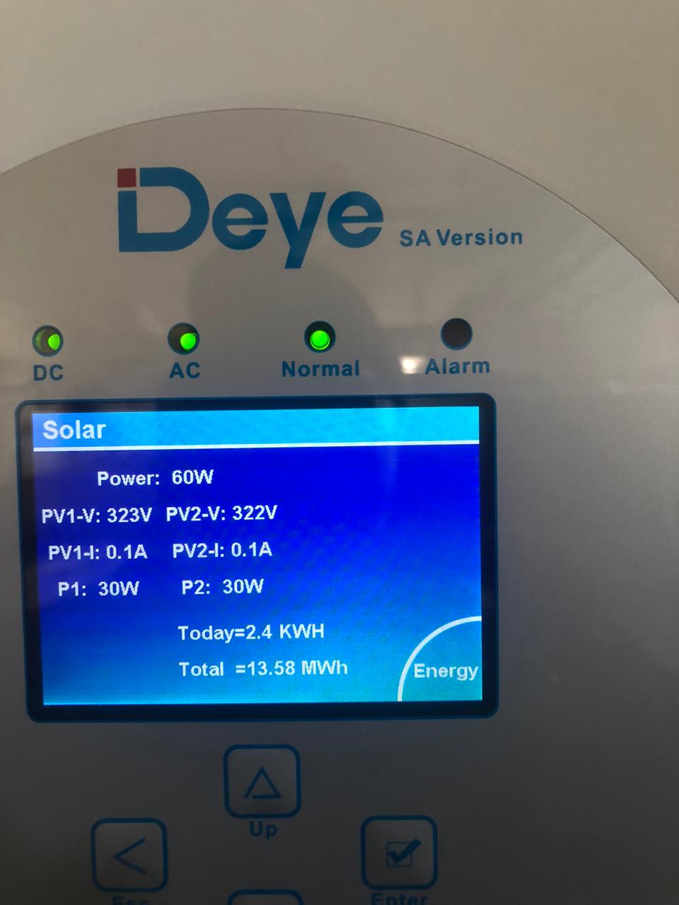 Solar inverter display showing live power generation readings